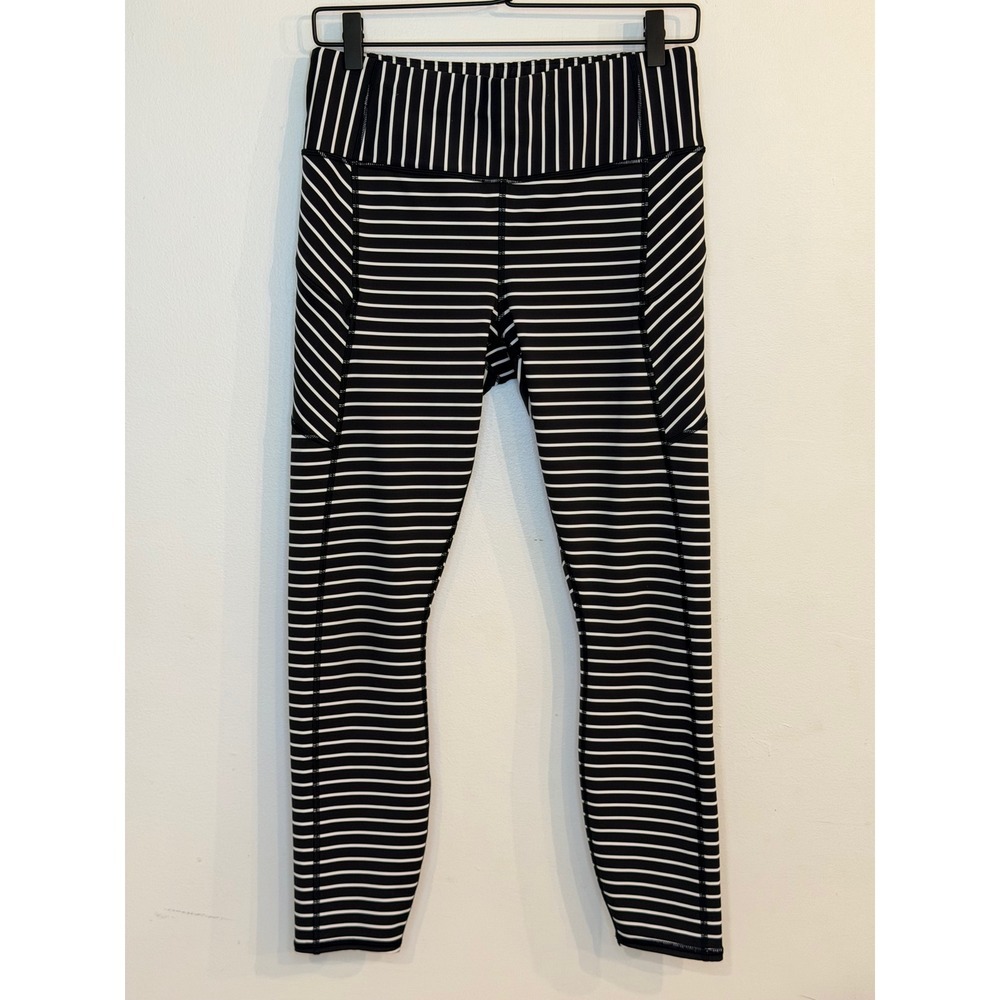 Athleta Contender 7/8 Tights Leggings Black White Stripes Size Small